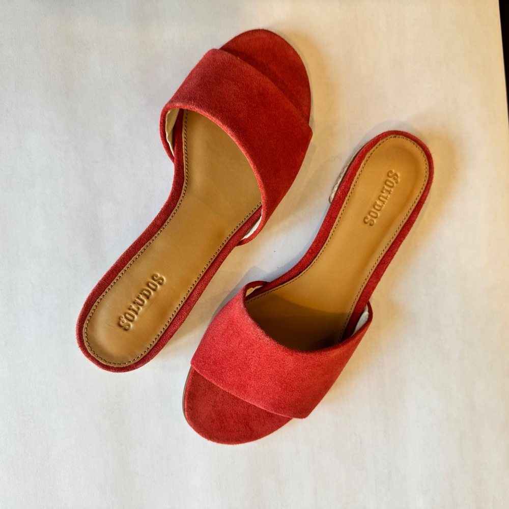 Soludos Women 5.5 Coral Suede Slide Sandals Jute Wrapped Block Flat Heel
